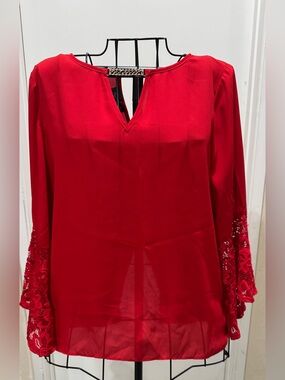 Red V-Neck Blouse with Lace Bell Sleeves